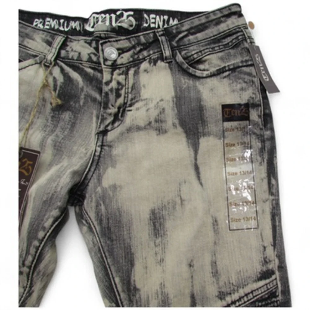 Ten25 Jeans Mens 13/14 Black Gray‎ Distressed Stretch Denim Biker Moto Pants Zip